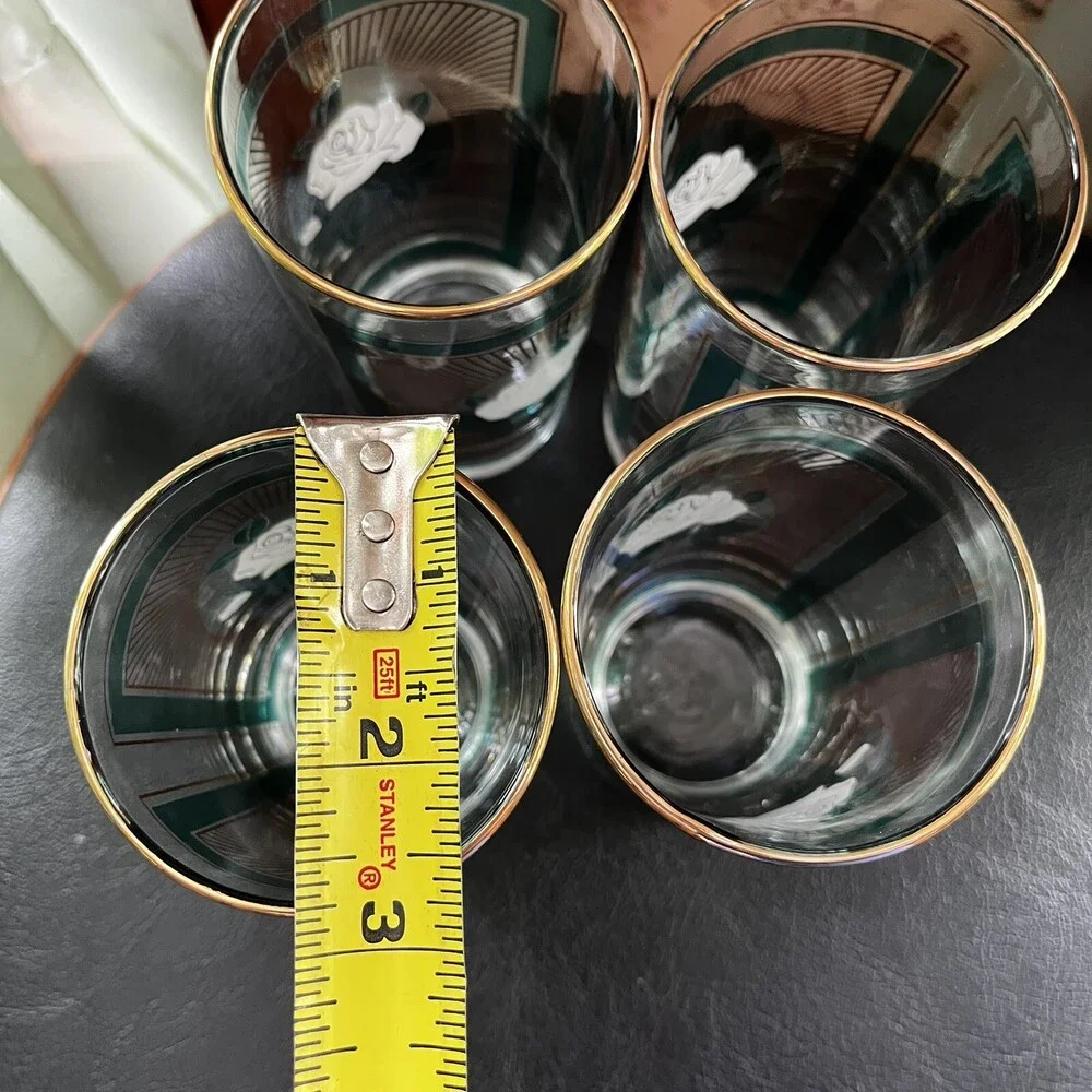 Set of 4 Vtg Libbey Party Time Glasses Tumblers Green With White Rose 12 Oz 5.5”